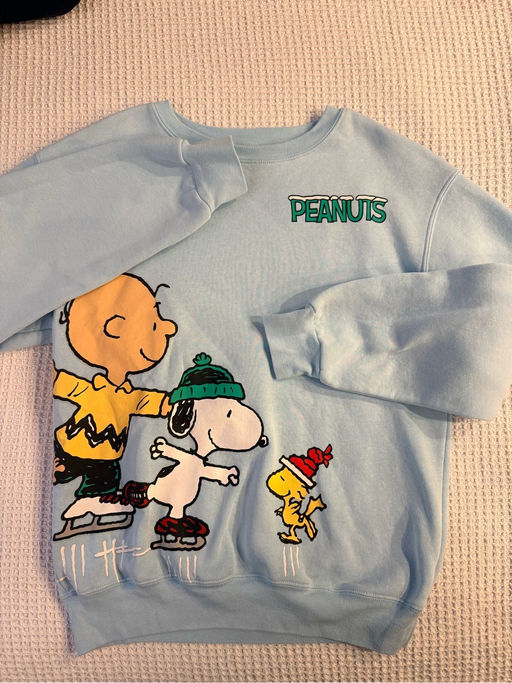 Peanuts Pastel Blue Sweatshirt with Charlie Brown, Snoopy & Woodstock Graphic